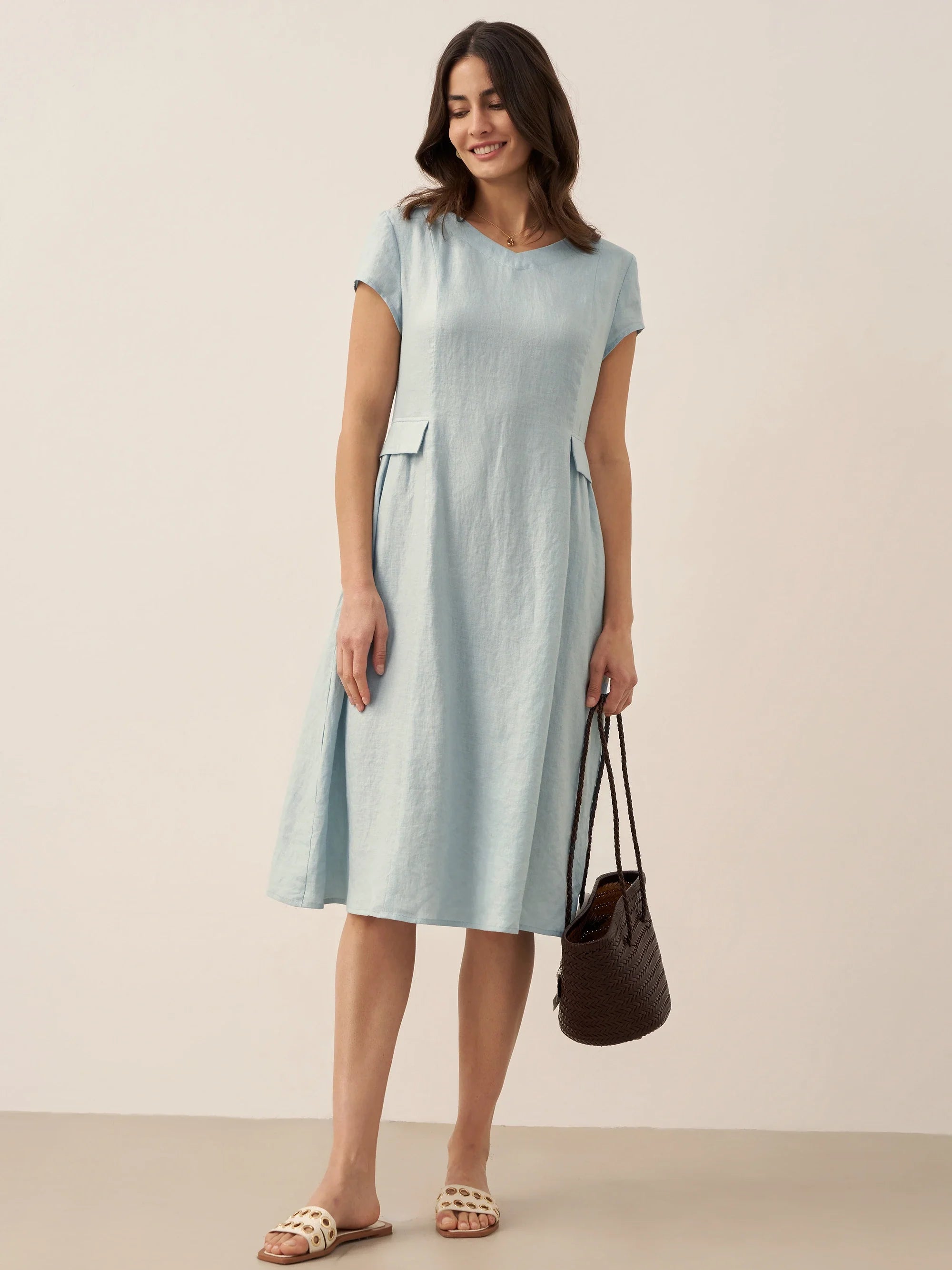 100% Linen Natural Summer V-Neck Dress ALEXA