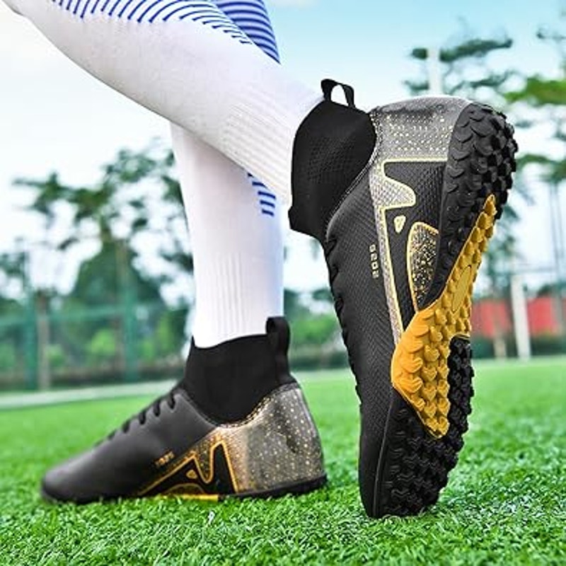 Topsfeba Mens 13 Black Gold Lace Up Soccer Baseball Turf Cleats Athletic Shoes