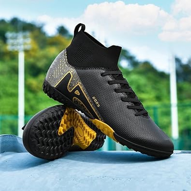 Topsfeba Mens 13 Black Gold Lace Up Soccer Baseball Turf Cleats Athletic Shoes