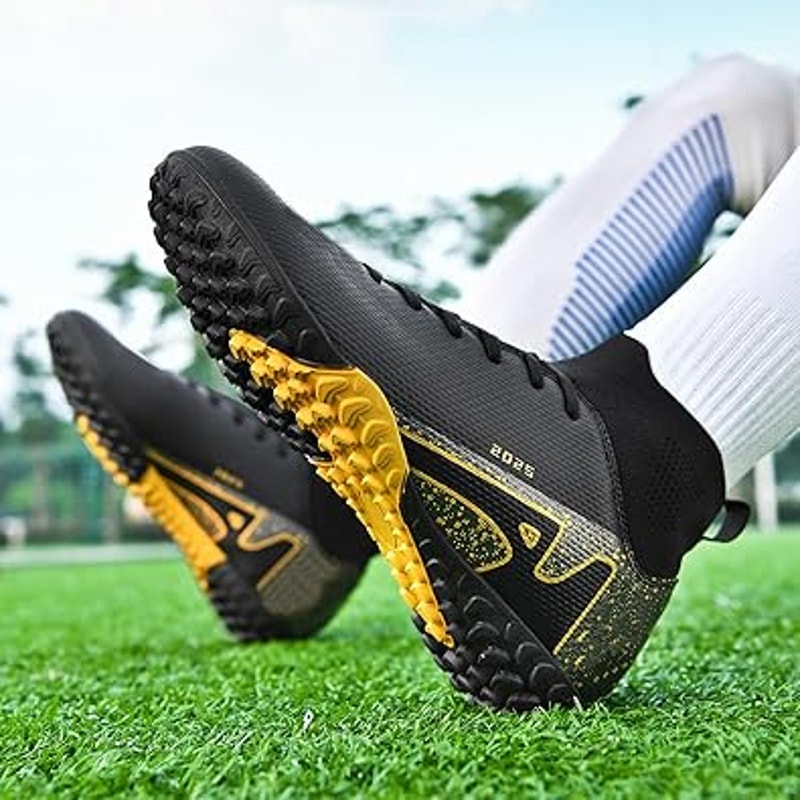 Topsfeba Mens 13 Black Gold Lace Up Soccer Baseball Turf Cleats Athletic Shoes