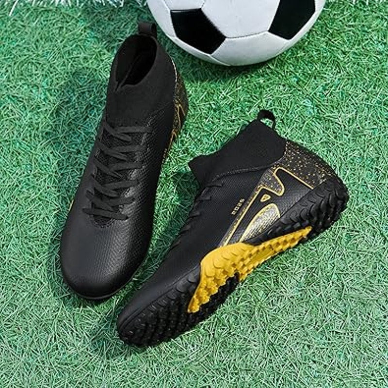 Topsfeba Mens 13 Black Gold Lace Up Soccer Baseball Turf Cleats Athletic Shoes